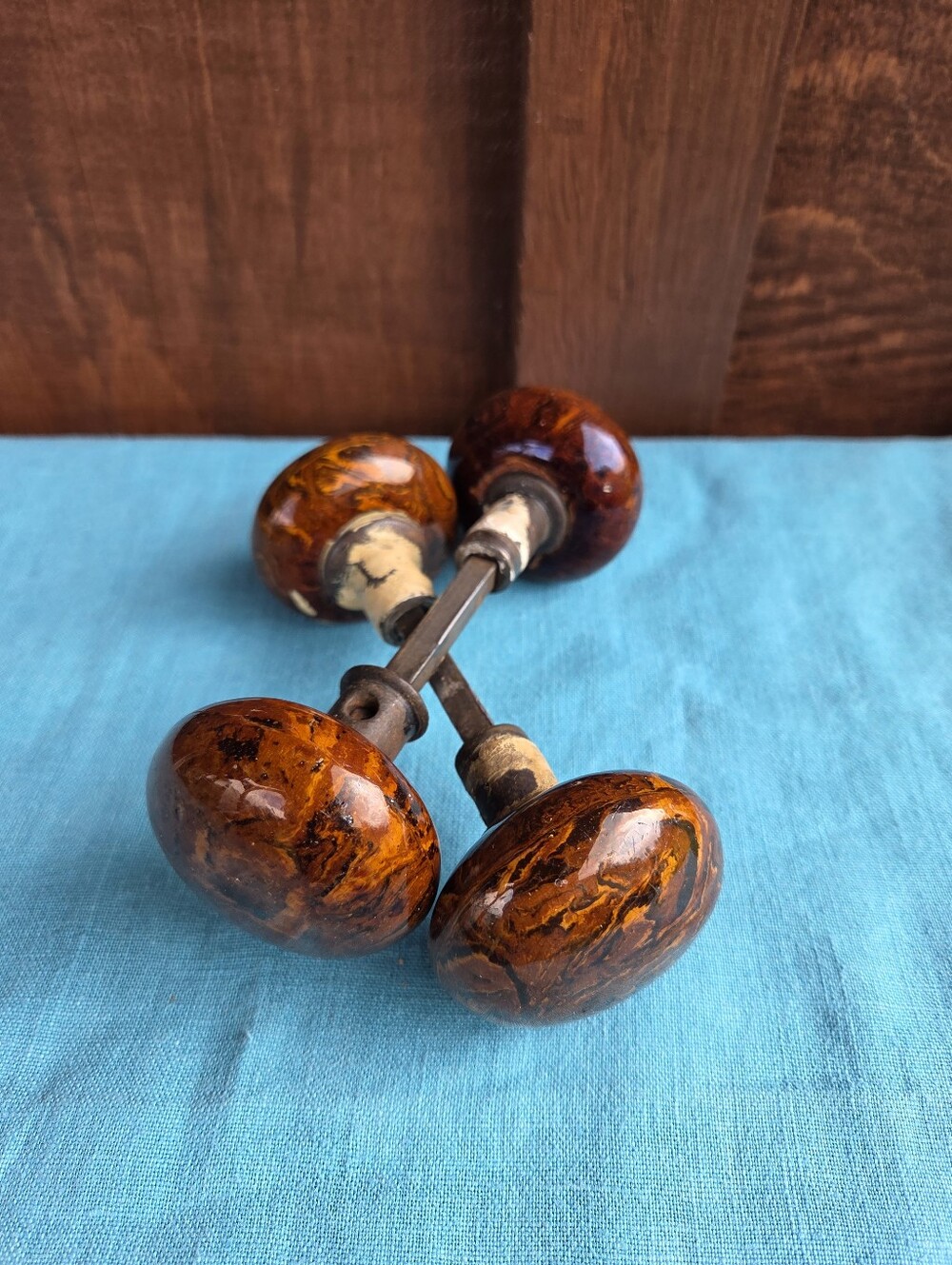 Salvaged Brown Marbled Porcelain Door Knobs Sets